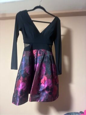 Xscape Black Bodice with Pink Floral Satin Skirt Long Sleeve Dress